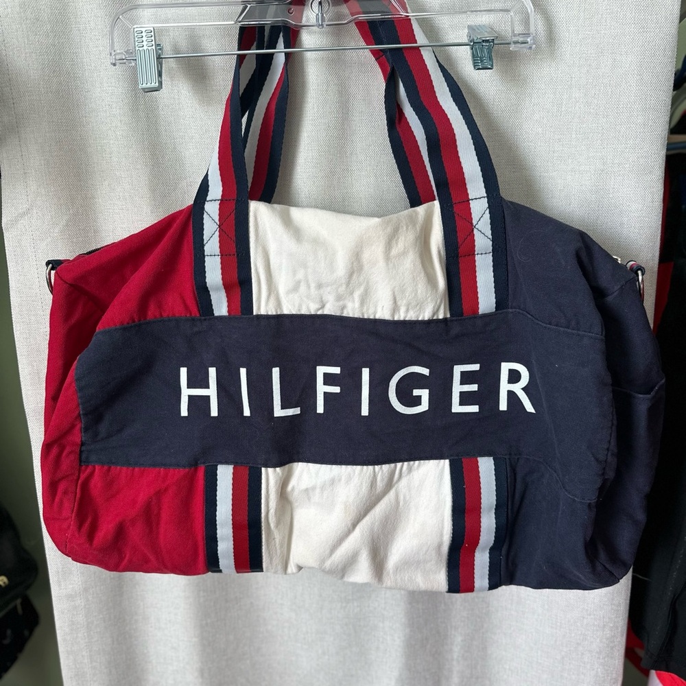Vintage Y2K 90s Tommy Hilfiger Red, White, and Blue Duffle Bag Preppy Cabincore